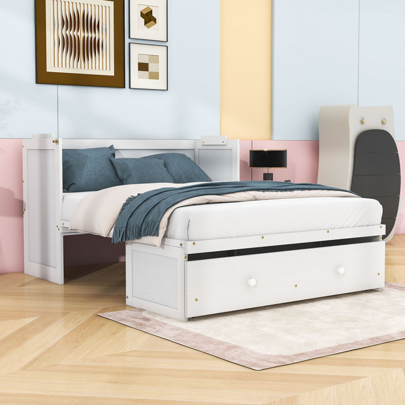 Lit escamotable en bois avec 1 tiroir et ports USB, Complète, Blanc