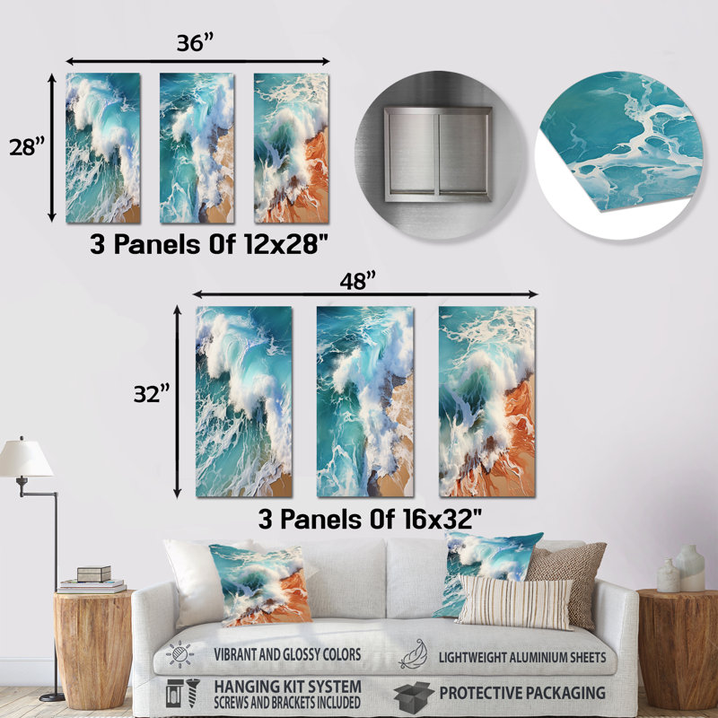 Tropical Ocean Breeze From Above I - Ensemble de salon mural en métal 3 pièces Beach & Ocean, H 28 po x l 36 po