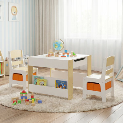 Ensemble de table en bois pour enfants et 2 chaises, table d'activités pour enfants 4 en 1 avec bibliothèque double, tableau noir, ensemble de meubles pour tout-petits