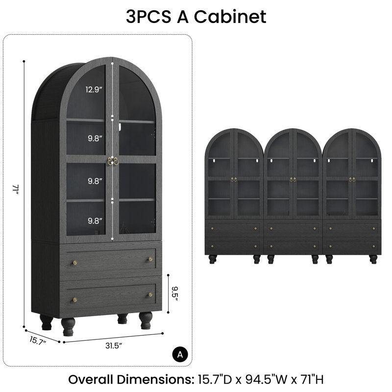 71'' Kitchen Pantry Storage Cabinet With Bookcases, Glass Display Doors and 6 Drawers(Set Of 3), Black
