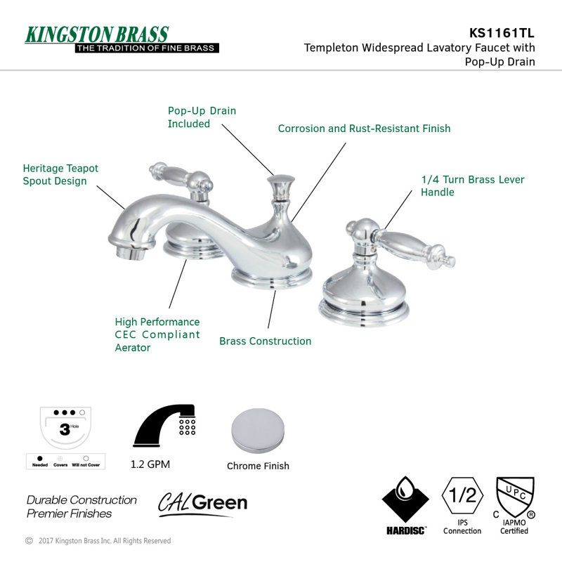 Robinet de salle de bain espacé Kingston, Chrome poli