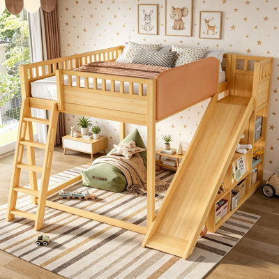 Full Size Loft Bed with Slide and Storage Shelves,Pine wood Beds Frame with Upholstered Headboard and Safety Guardrail,Space-Saving Loft Beds for Kids or Teens Bedroom,Natural.