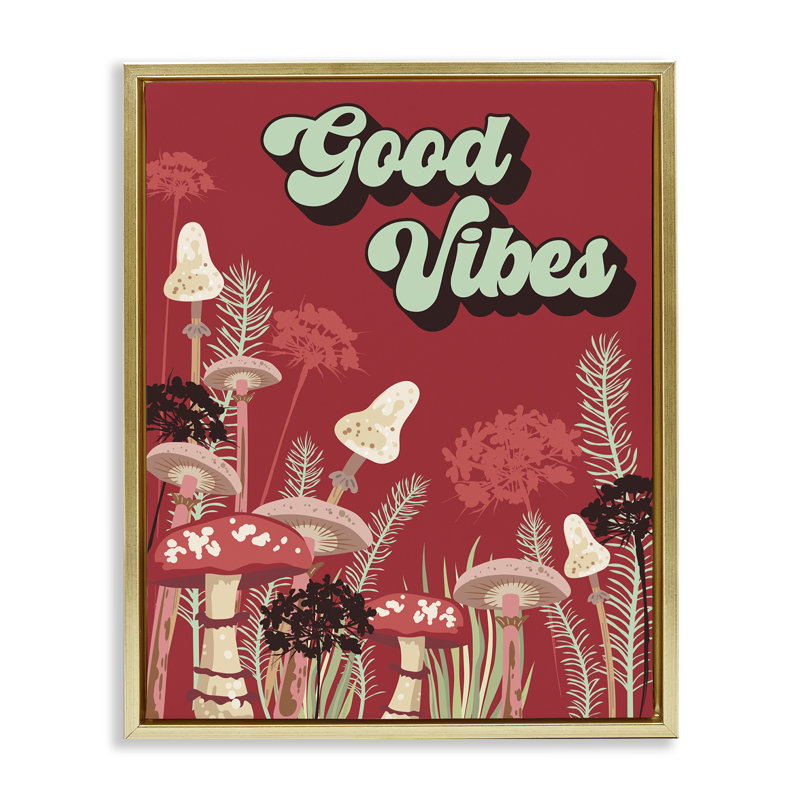 «Good Vibes Mushroom», art mural encadré par Diane Labombarbe, Cadre flottant métallique doré, H 31 po x l 25 po