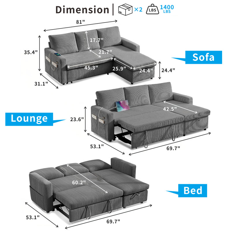 Canapé-lit d'angle en forme de L de 206 cm avec lit gigogne et méridienne de rangement, chenille, L-shape, Grey