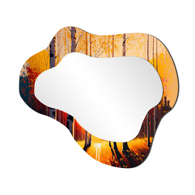 Yadira Golden Hour Birch Trees V - Forest Asymmetrical Wall Mirror, Country Cloud Decorative Mirror, Printed Metal Art