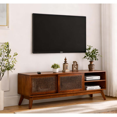 Meuble télé 59 po en rotin de style Mid-Century moderne pour téléviseur de 65 po, meuble audio-vidéo avec pieds en bois massif et portes en rotin - Bois foncé