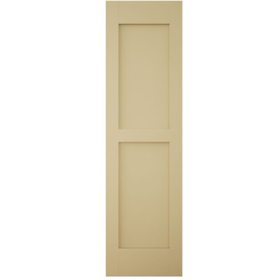 Volets extérieurs Americraft à deux panneaux plats égaux en bois véritable (par paire), 15 po L x 80 po H, avec capuchons de volets en aluminium et ficelle naturelle.