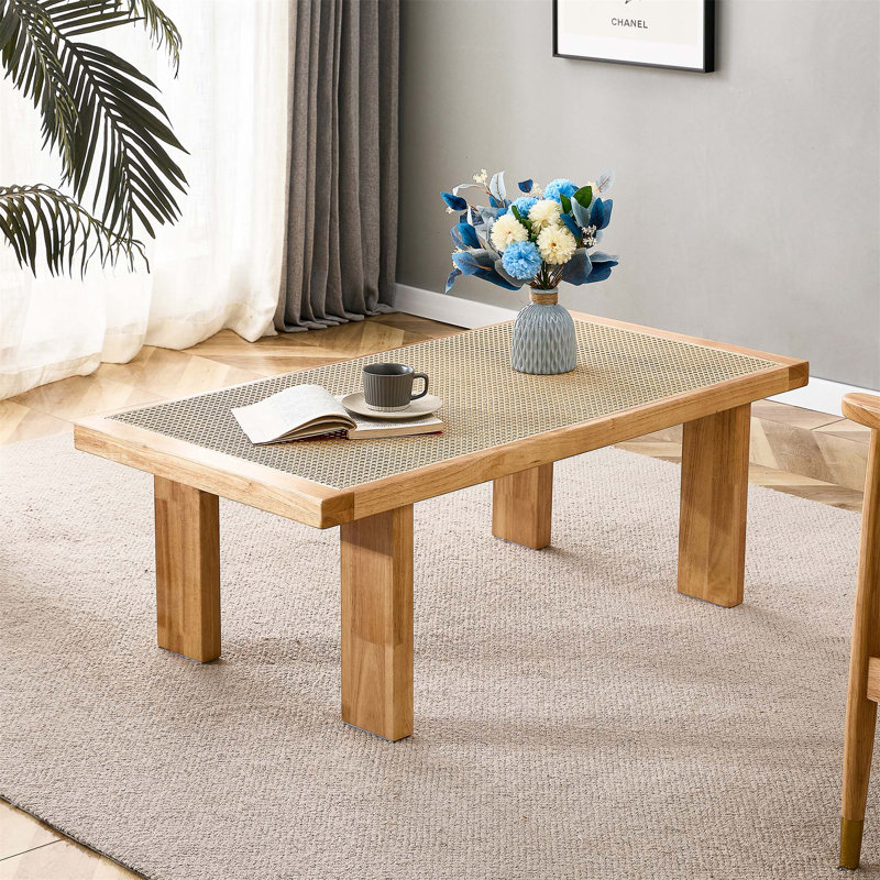 Plateau de table rectangulaire moderne et minimaliste en rotin avec pieds en bois d'hévéa, table d'appoint chinoise imitation rotin tissé