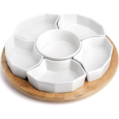 11'' Lazy Susan Serving Tray, Porcelain 360° Rotatable Serving Tray and Platters, Removable Divided Serving Dishes, Party Relish Bowl for Chip, Dip, Veggies, Candy and Snack, Cheese, 7 Pieces