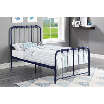 Lit moderne, lit plateforme en métal à finition bleue 1pc, lit dans une boîte