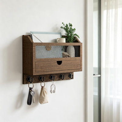 Porte-clés mural et porte-courrier avec crochets et tiroir de rangement, organisateur d'entrée en bois pour clés, lettres et petits objets essentiels, décoration intérieure classique