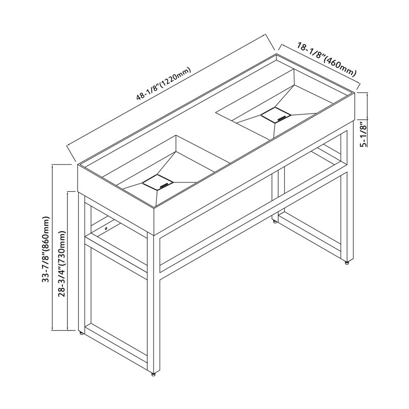Dowell 48'' White Solid Surface Stone Rectangular Wall Mount Double Bathroom Sink with Metal Stand, Sink With Pedestal