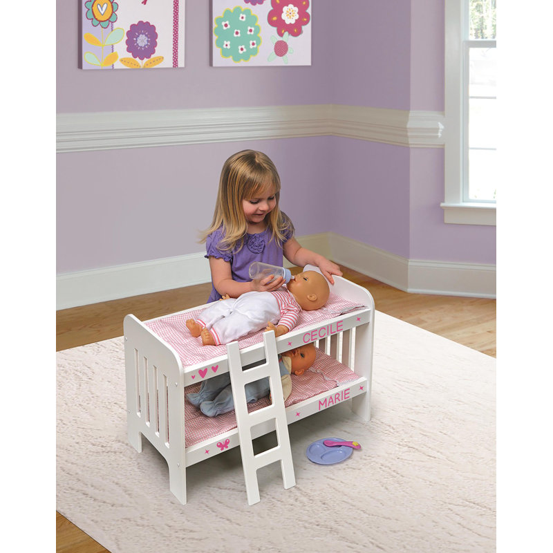 White and Pink Gingham Wooden Doll Bunk Bed with Ladder