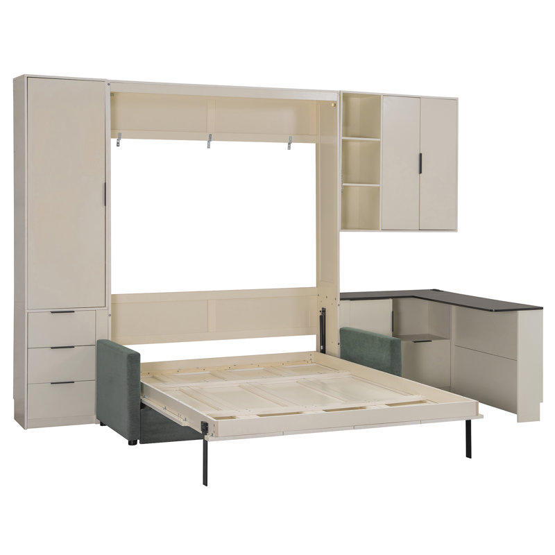 Grand lit escamotable mural avec rangement hydraulique, canapé, tablettes et tiroirs, éclairage DEL / USB, panneau beige, canapé vert