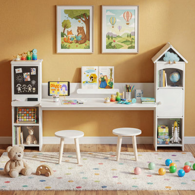 Ensemble de bureau et tabouret pour enfants avec support à livres, tablettes ouvertes, armoire, tableau noir, table de jeu et d'activité tout-en-un pour le jeu, les études et l'art