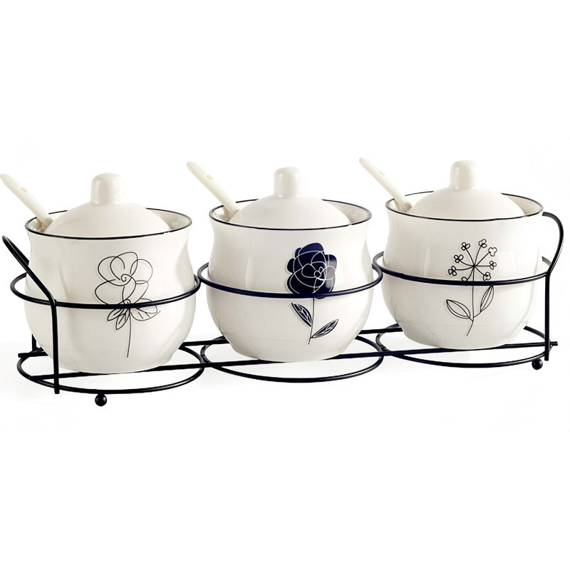 Ceramic Spice ， Sugar Jars, With Lids Spoons And Shelf,Porcelain Condiment Kitchen Jar Spice Container Set, 230 ML