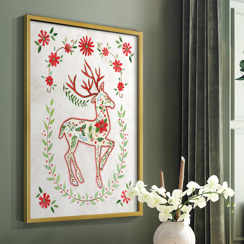 Christmas Folk Reindeer, reproduction d'art encadrée, Cadre doré simple, H 20 po x l 16 po x P 0,75 po