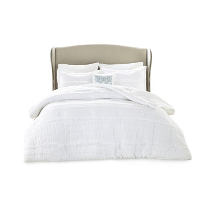 5 Piece Comforter Queen White - Shabby Chic Microfiber With Ruffles & Embroidery, , Includes Comforter, 2 Shams, Decorative Pillow, Bed Skirt, Easy To Clean Queen, Style Filling, Ruffled Details,