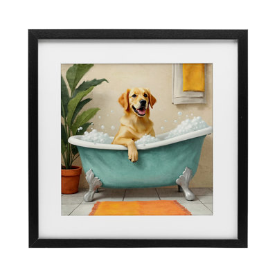«Bubble Bath Labrador Dog», reproduction encadrée sous verre, conception de Kim Allen
