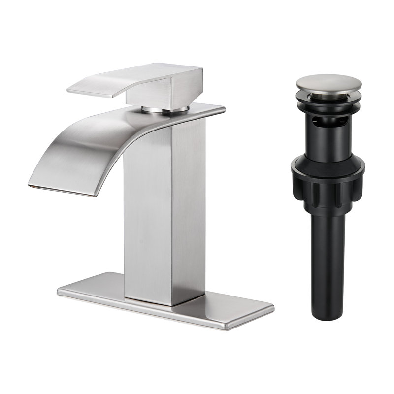 Robinet de lavabo de salle de bain à poignée simple à un trou avec plateforme et ensemble de bonde escamotable, Nickel brossé