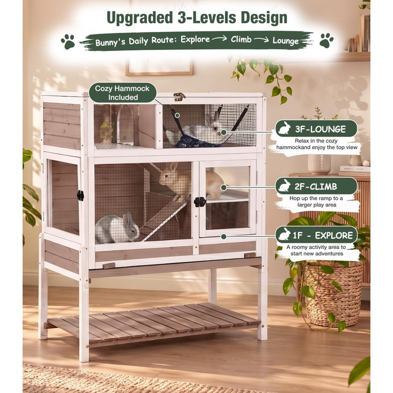 3-Level Rabbit Hutch with Pull-Out Tray & Chew-Proof Edges, Indoor Outdoor Guinea Pig Cage with Hideout & Cozy Hommock