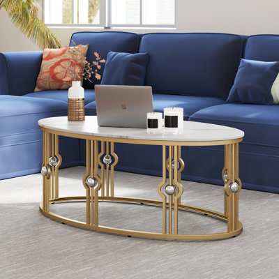 Oval Faux Marble Coffee Table with Sturdy Gold Metal Frame, Modern Center Tea Tables for Home&Office