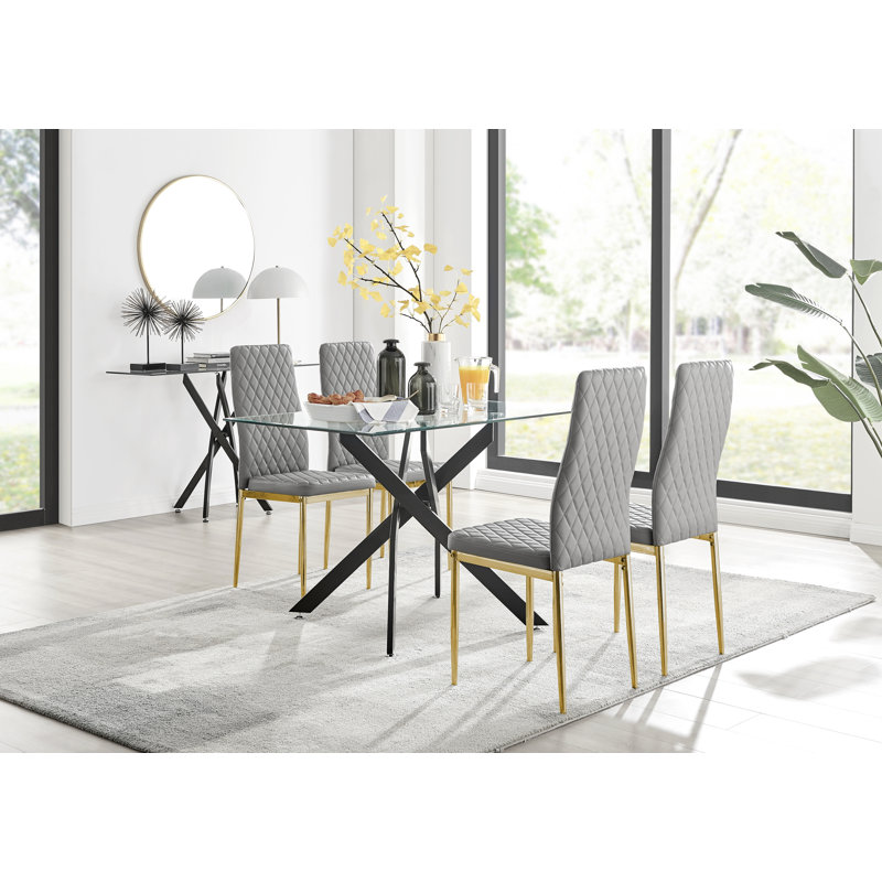 Lenworth Modern Black Metal and Glass Dining Table Set with 4 Luxury Faux Leather Dining Chairs