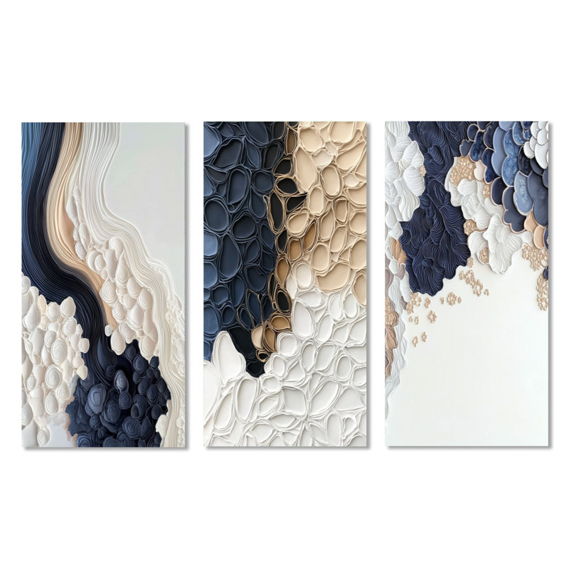 Aqua Sea Underwater River - Art mural encadré abstrait 3 pièces, Toile tendue, H 32 po x l 48 po