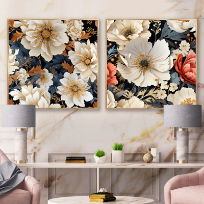 Ensemble de 2 collages floraux contemporains blancs et dorés