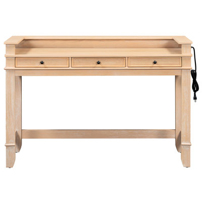 Ensemble de salle à manger 4 pièces pour espaces compacts, table à hauteur de comptoir, 3 tiroirs, fonctions de chargement, tabourets avec sièges rembourrés, table d'apparence naturelle dans les petits espaces de vie, rangement de cuisine rétro