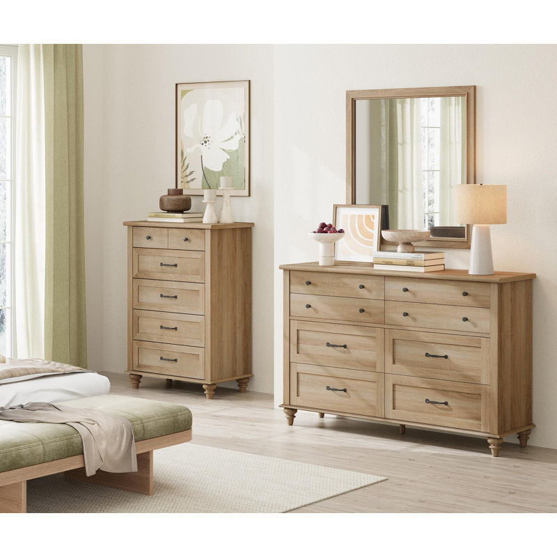 2 Piece Dresser Set - -Include One 5 Drawer Dresser & One 8 Drawer Dresser, Oak