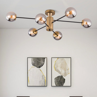 6-Light Modern Mid Century Sputnik Gold Semi Flush Mount Ceiling Light Fixture With Glass Globe