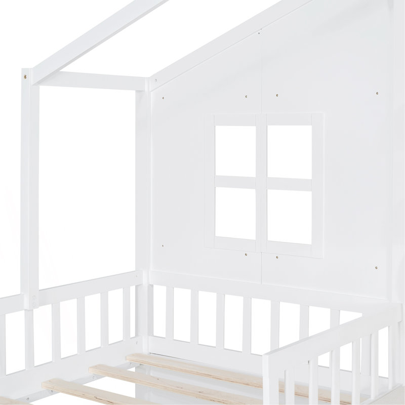 Lit House avec canapé, lit plateforme avec deux tiroirs et tablette de rangement, Blanc