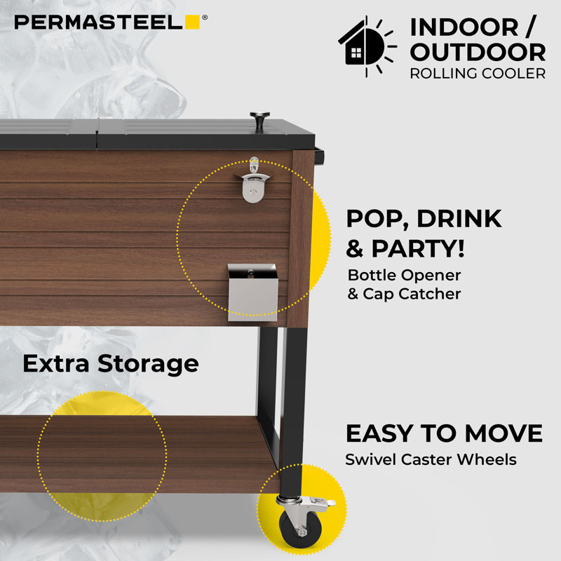 Permasteel 80-Quart Brown Woodgrain Rolling Patio Cooler with Insulated Basin