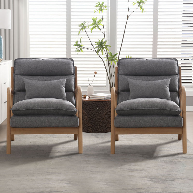65.5cm Wide Modern Solid Wood Frame Upholstered Armchair with Lumbar Support Pillow, Grey
