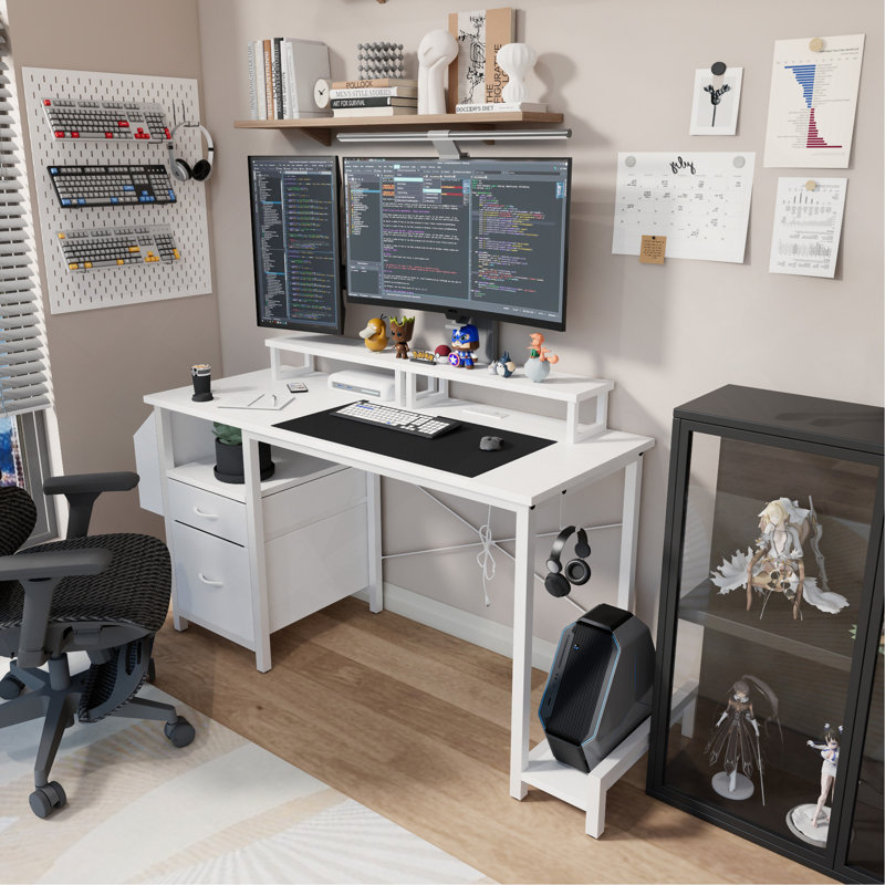 47.3"Office Desk With Power Outlet,2 Monitor Stands,2 Drawers,Side Pocket,Easy To Assemble,Frame Stability Reversible,Use For Home Desk, Computer Desk, Game Table,White