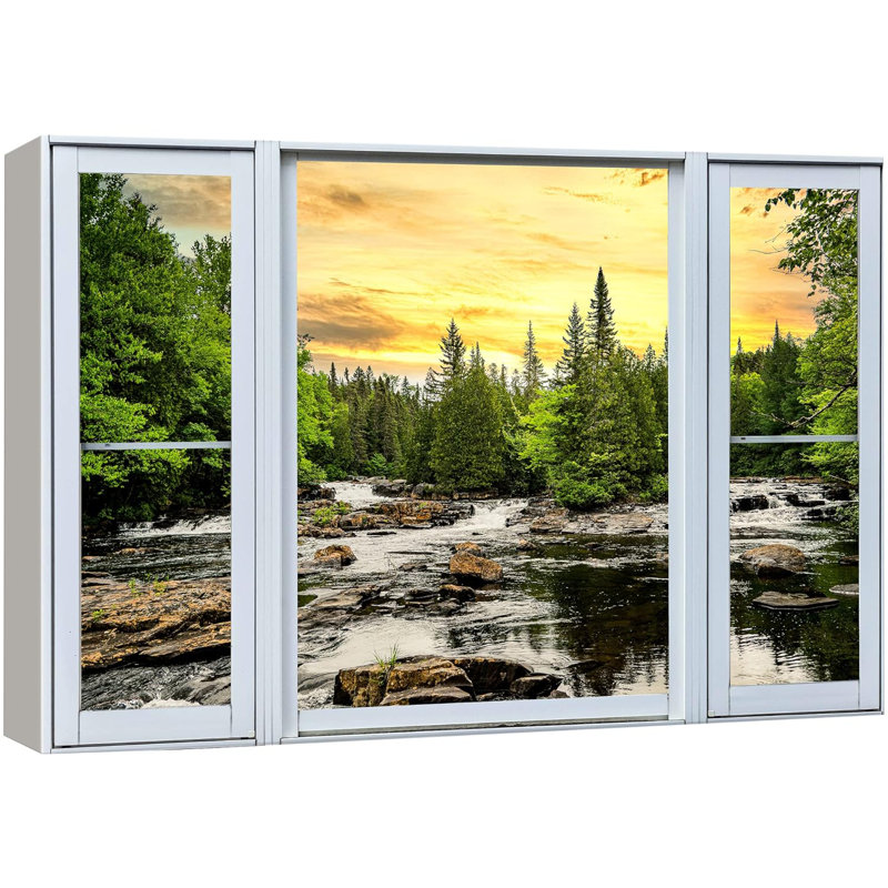 Fenêtre de paysage «Window View Sunset Pine Tree Forest Lake Reflection Nature Images Scenic Landscape» sur toile
