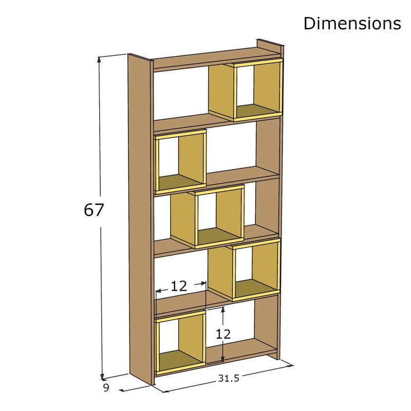 Modern Walnut & Yellow Bookshelf, 31.5 x 67.0 x 8.7 inches | 100% Melamine Coated Particle Board, Thickness: 0.7 inches | Numerous Shelves, Wall-Mountable Design, Stylish Storage Solution for Home & Office