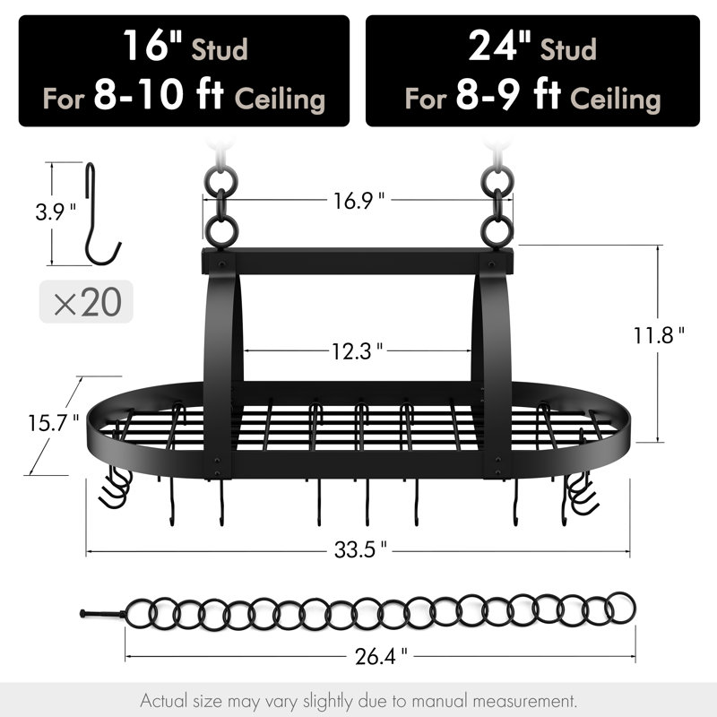 Delauter Hanging Ceiling Pot Rack 34-Inch for Kitchen with 20 S Hooks, Black