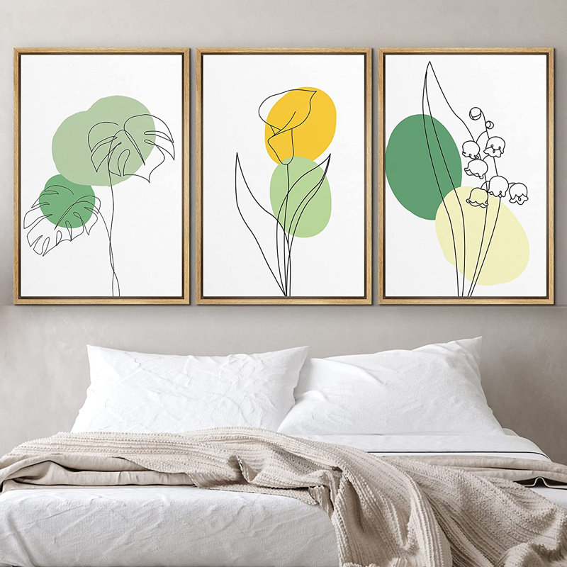 «Minimal Botanical Tropical», variété de feuilles avec pois verts et jaunes, motif floral - ensemble de 3 impressions sur toile flottante