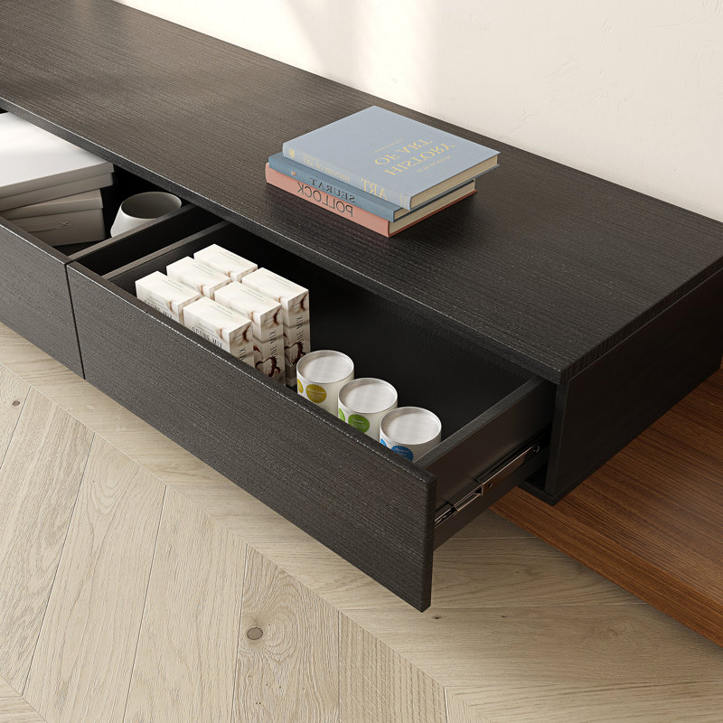 Carmavy Extendable TV Stand For Tvs Up To 85'' With Storage Drawers, Matte Black/Walnut