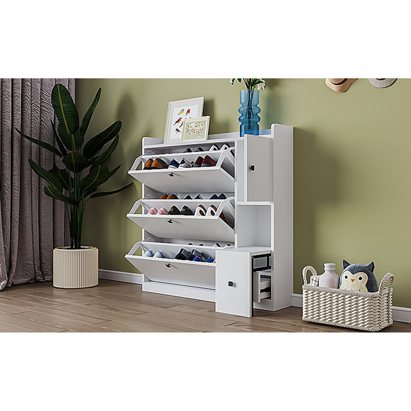 Élégante armoire à chaussures de hall d'entrée avec 3 tiroirs et siège escamotable, siège rabattable blanc polyvalent pour un rangement maximal