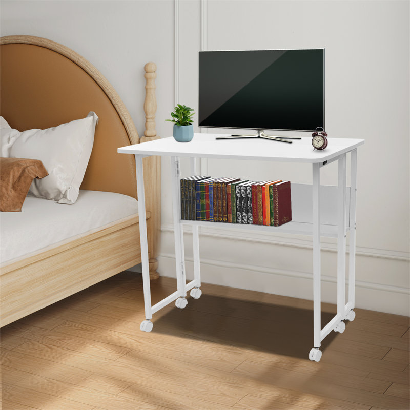 Foldable Computer Desk With Wheels, White