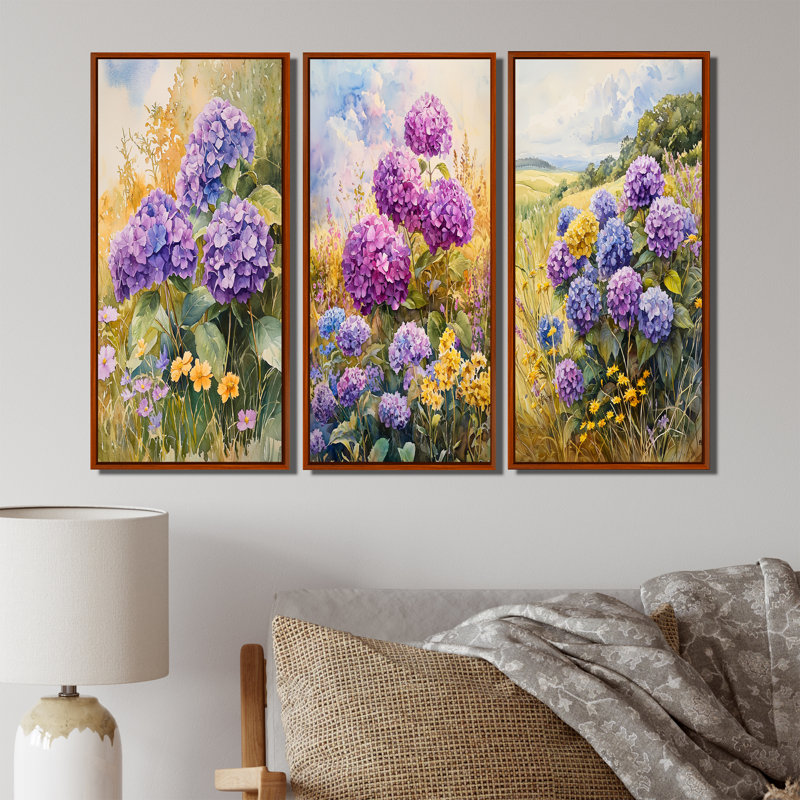 Hortensias et fleurs sauvages champêtres I - Collection d'art mural hortensias verts, H 40 po x l 60 po, Brun