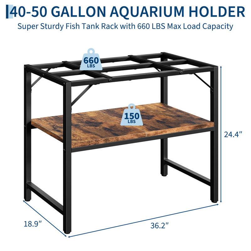 Support pour aquarium robuste de 40 à 50 gallons, cadre en métal et support en bois pour aquarium - 2 tablettes de rangement, support stable pour terrarium de tortue / reptile - noir
