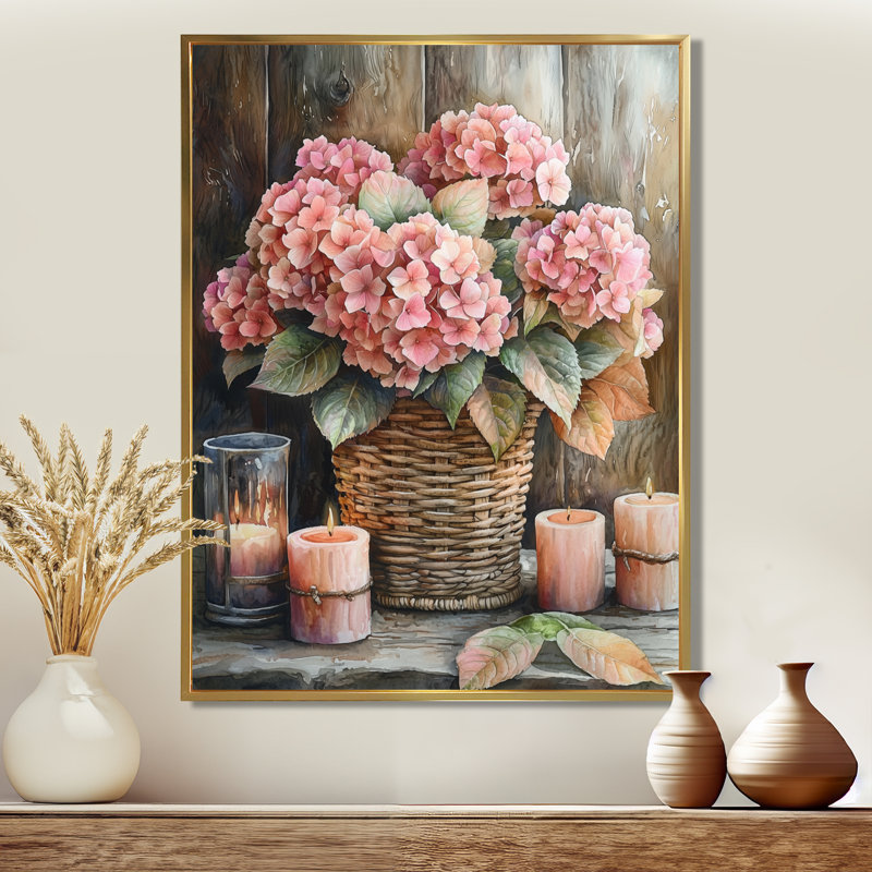 Hortensias dans un panier tissé avec bougie III - décoration murale hortensias, Reproduction avec cadre flottant, Doré