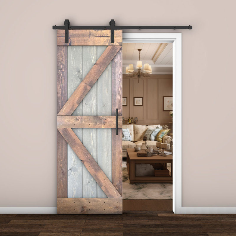 Porte de grange lambrissée peinte en bois et en métal, 30 po x 84 po, Gris / Chêne
