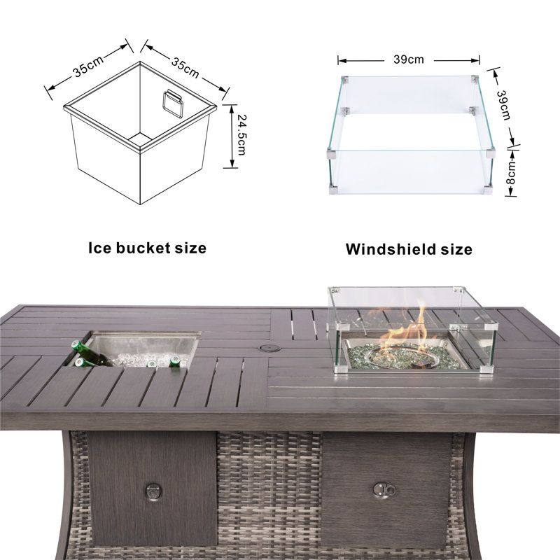 Moda 70 In. X 39 In. X 27 In. Rectangular Wicker Outdoor Gas Fire Pits Dining Set, Grey