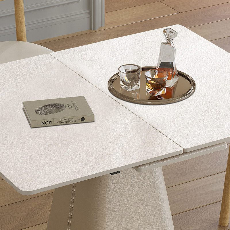 Table de salle à manger rétractable à dalle de roche pliante, table carrée extensible moderne avec base en acier inoxydable revêtue de cuir, table de cuisine à double usage peu encombrante