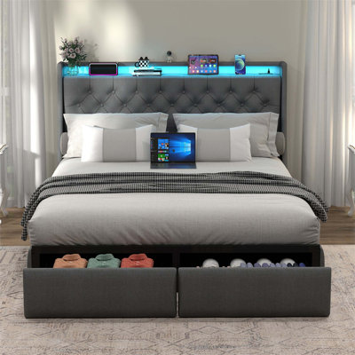 Queen Size Bed Frame With Storage Headboard, RGB LED Light & USB Charging Station - Grey
